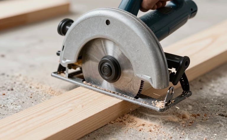 A photograph capturing a circular saw mid-cut through a solid timber plank. Sawdust is frozen in the air with a shallow depth of field. The professional environment includes deep grey and soft off-white elements. The lighting is bright and directional.