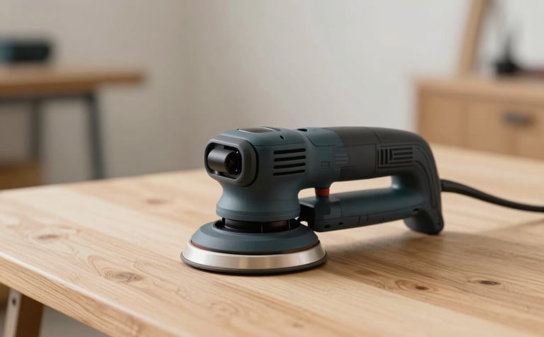 A close-up photograph of a modern orbital sander sitting on a light-colored wooden table. The lighting is soft and natural, emphasizing the matte dark charcoal finish of the tool. The background is a clean, minimalist workshop with soft off-white walls.