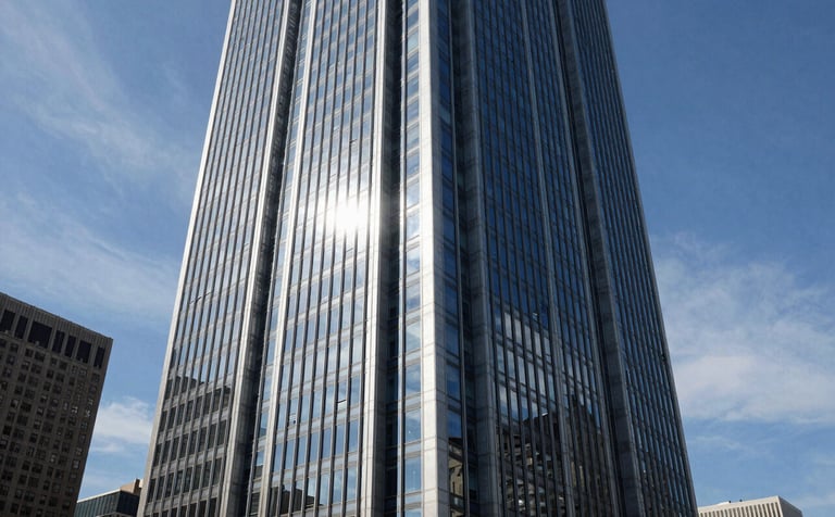 A high-angle architectural photograph of a sleek glass skyscraper in a major North American financial district, reflecting the clear blue sky and thin wisps of clouds, symbolizing corporate transparency and height, professional and authoritative tone, light grey and dark blue palette.