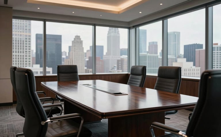 A wide-angle interior photograph of a luxury executive boardroom in New York, featuring a polished dark wood table and high-end ergonomic chairs, with a view of the city skyline through floor-to-ceiling windows, soft morning light, sophisticated and authoritative atmosphere.