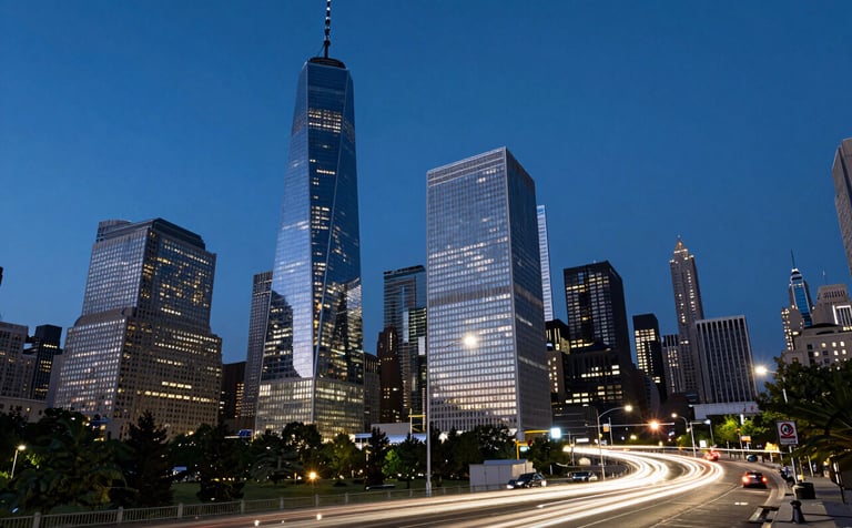 A twilight long-exposure photograph of a global financial hub's architecture, capturing the movement of light in a bustling North American metropolis, emphasizing a sense of international reach and constant motion, dominated by dark blue and near white tones.