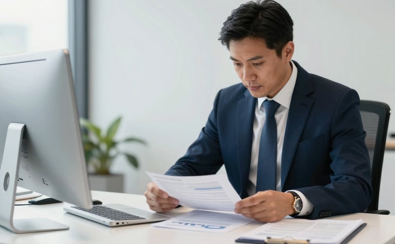 A professional in a clean, modern North American office setting in Spokane, Washington, reviewing financial documents on a sleek desk. The scene uses a professional palette of navy blue and soft white, with natural light creating a sense of clarity and trustworthiness.