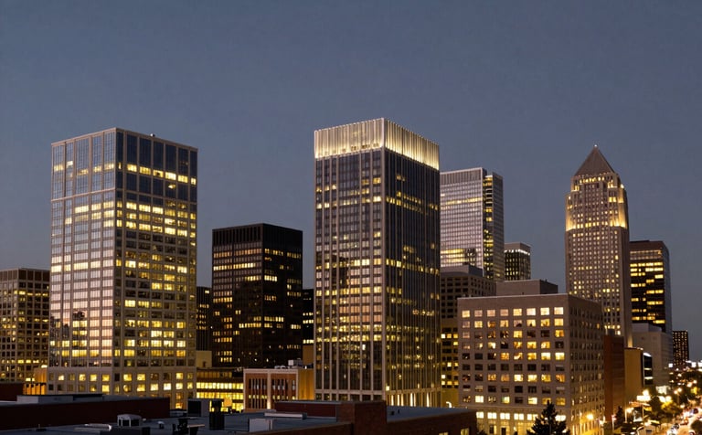 A wide-angle professional photograph of a modern North American financial district at dusk. The building windows glow with warm light, representing commerce and prosperity, with a sky in deep navy and slate grey tones.