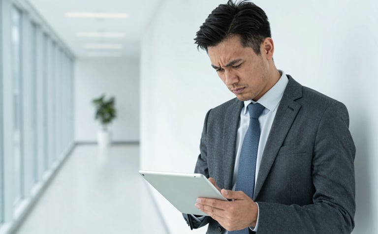 A North American business professional looking relieved and confident while using a digital tablet in a bright, modern corporate environment. The composition is clean and minimalist, highlighting a path to financial stability with light blue accents.