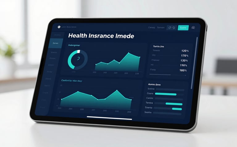 A high-end, modern digital dashboard displayed on a tablet, showing teal and navy blue performance charts for health insurance enrollment. The background is a clean, bright professional office with soft lighting, matching the #FFFFFF and #1A3A52 palette.