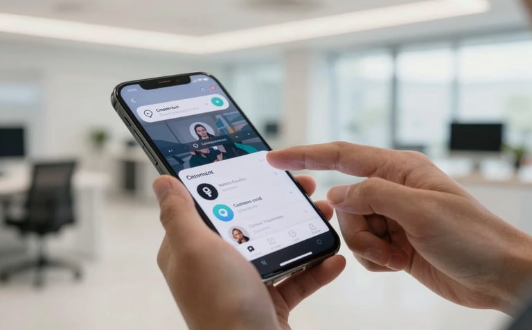 A close-up of hands interacting with a high-resolution mobile screen in a bright, modern North American tech hub. The lighting is natural and airy, highlighting a sleek application interface.
