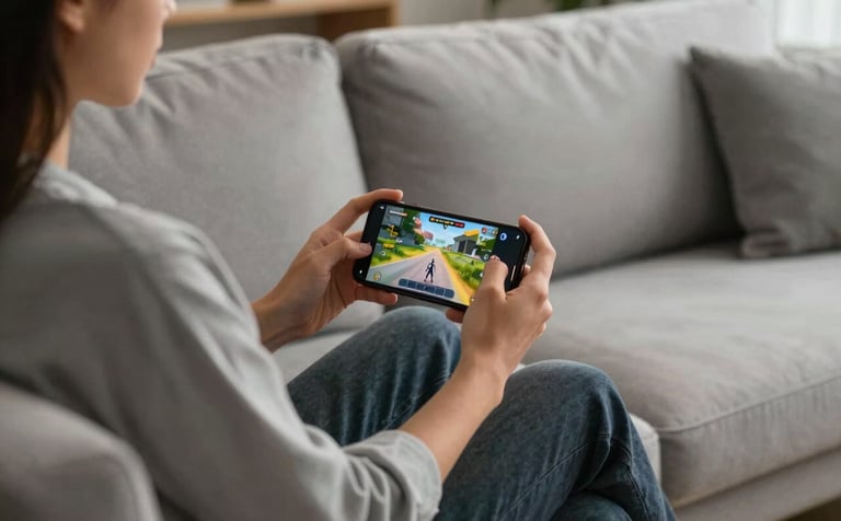 A medium shot of a person sitting on a light gray sofa in a contemporary North American living room, illuminated by the warm glow of a mobile phone screen showing a vibrant game.