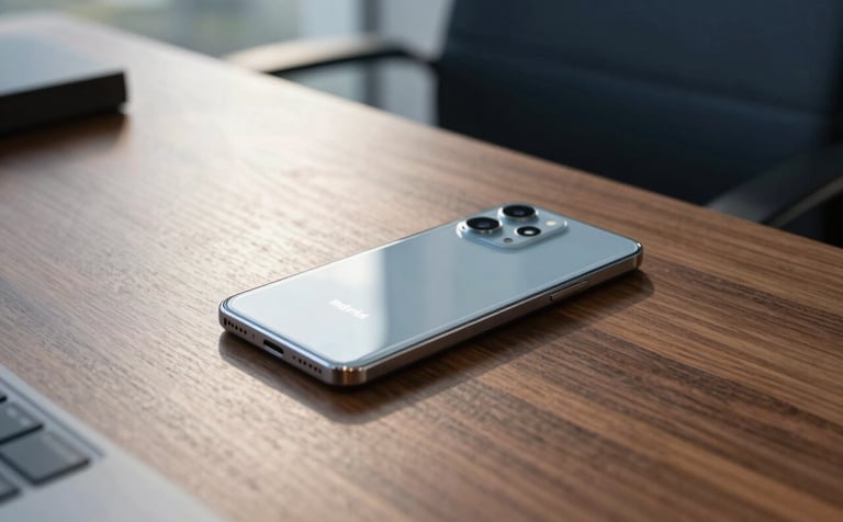 A high-angle shot of a premium Android smartphone resting on a polished walnut desk in a sunlit North American office. Soft morning light, professional atmosphere, dark blue accents in the decor.