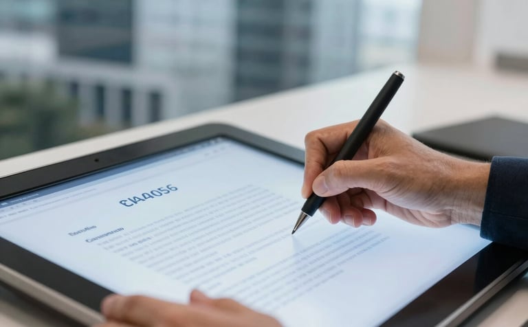 A close-up shot of a legal professional's hands signing digital documents on a touch-screen device. The background features blurred modern architecture of Gurugram. The style is sharp and efficient, utilizing #2A405D and #8FA6BE tones for a tech-driven feel.