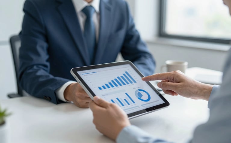 A high-end, modern office setting in Bengaluru with soft natural lighting. A professional consultant is reviewing financial charts on a sleek tablet. The aesthetic is clean and corporate, featuring a color palette of #0A192F and #E8EDF3, emphasizing trust and efficiency.