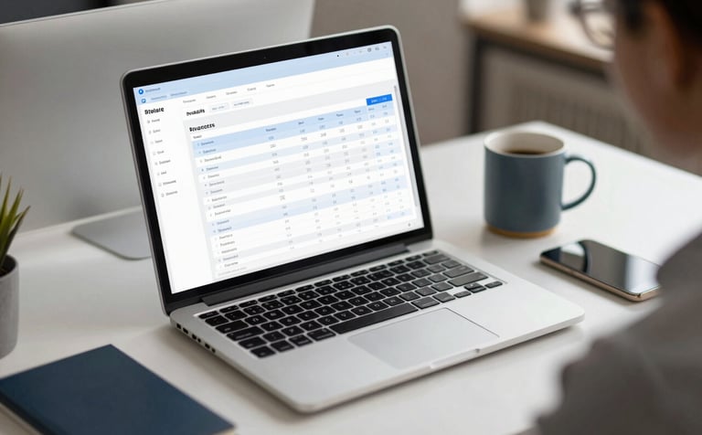 An organized, professional desk with a laptop displaying a payroll management dashboard. A sleek coffee mug and high-end stationery sit nearby. Lighting is warm but professional, featuring #8FA6BE and #2A405D accents to reflect technological expertise.