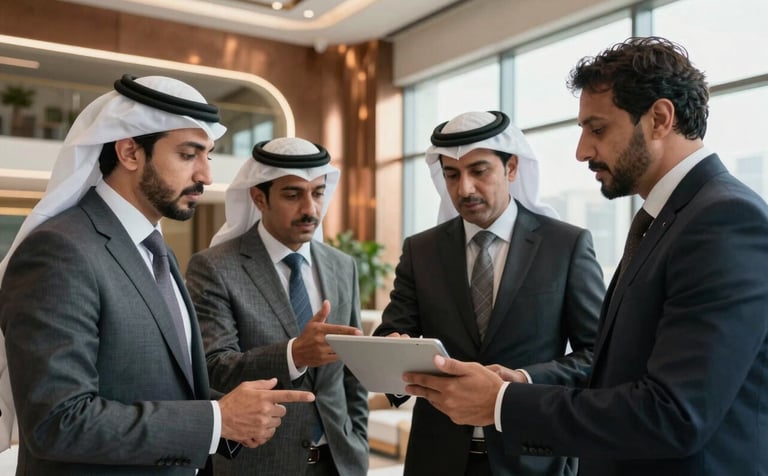 A sophisticated corporate setting in a modern Iraqi office building. A group of Middle Eastern professionals in business attire are discussing digital growth strategies on a tablet. The mood is confident and luxurious with bronze accents.