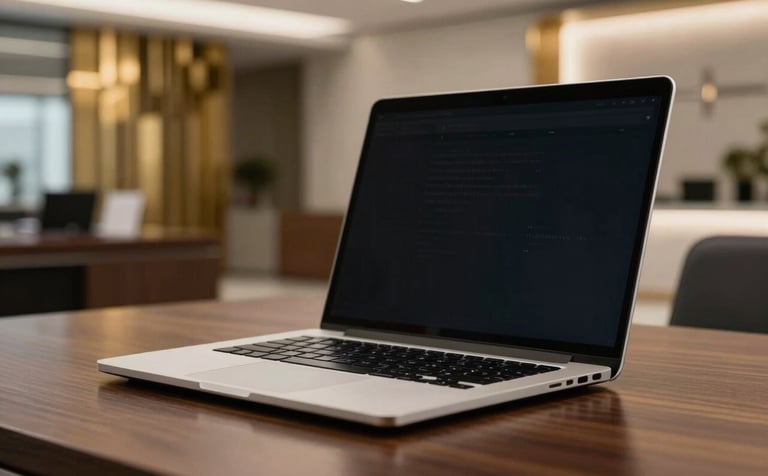 Close-up, professional photography of a high-end workstation in a Baghdad corporate office. A sleek laptop sits on a polished dark wood desk. The background is a blurred, modern interior with gold and bronze decorative elements.