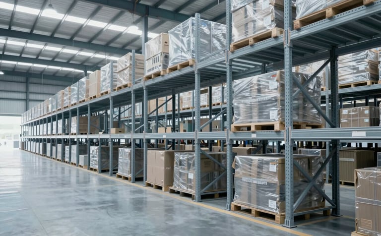 A clean, modern industrial warehouse in a South American logistics park. High-capacity racking systems and organized inventory visible. Professional, bright lighting with a soft blue gray and silver color palette.
