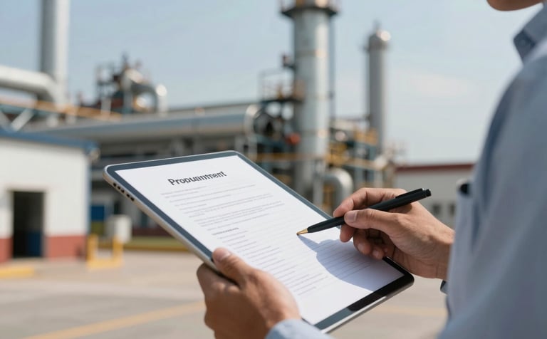 Close-up of a professional in a South American industrial environment reviewing procurement documents on a digital tablet. Background shows soft-focus industrial structures under bright, clear daylight.