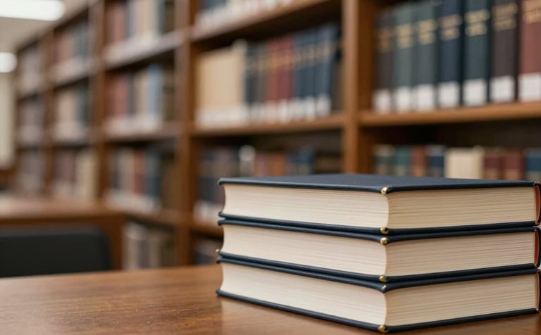 A prestigious university library background with blurred bookshelves. In the foreground, a stack of academic theses with gold-embossed lettering. The mood is authoritative and rigorous, using #0F0F0F and #4A4A4A for depth with #B4936B highlights.