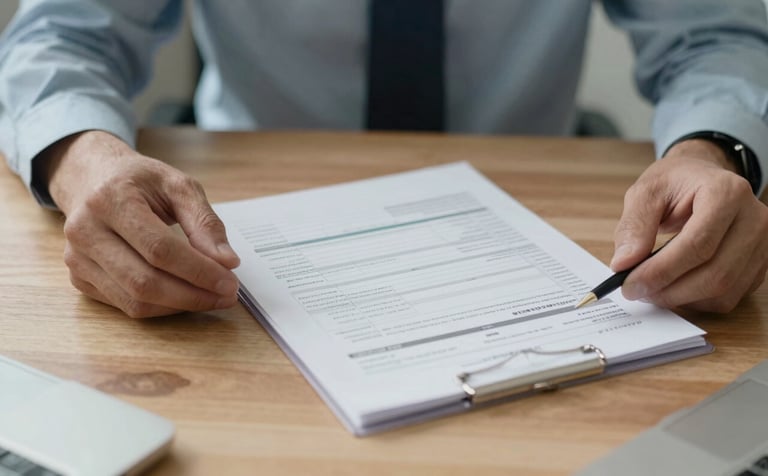 Close-up photography of a pair of hands reviewing a clear, organized financial document on a wooden desk in a Canadian professional setting. The atmosphere is calm and focused, utilizing light grey blue and off-white tones.