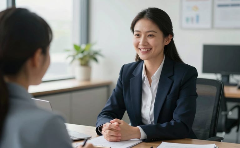 A professional financial advisor sitting in a bright, modern North American office, offering a reassuring and empathetic smile during a consultation. The scene is lit with soft, natural morning light, featuring a palette of dark navy and steel blue accents.