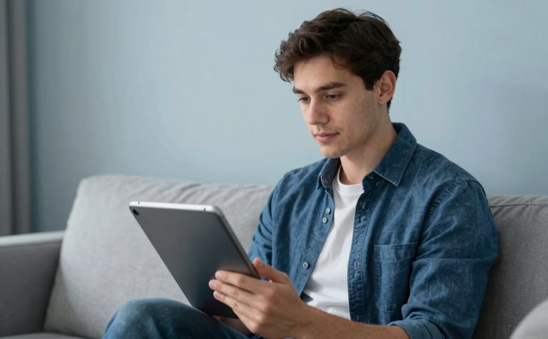 An individual in a modern North American home setting, looking at a tablet with a sense of confidence and clarity. The interior is clean and minimalist, reflecting a secure financial future with steel blue and light grey blue colors.