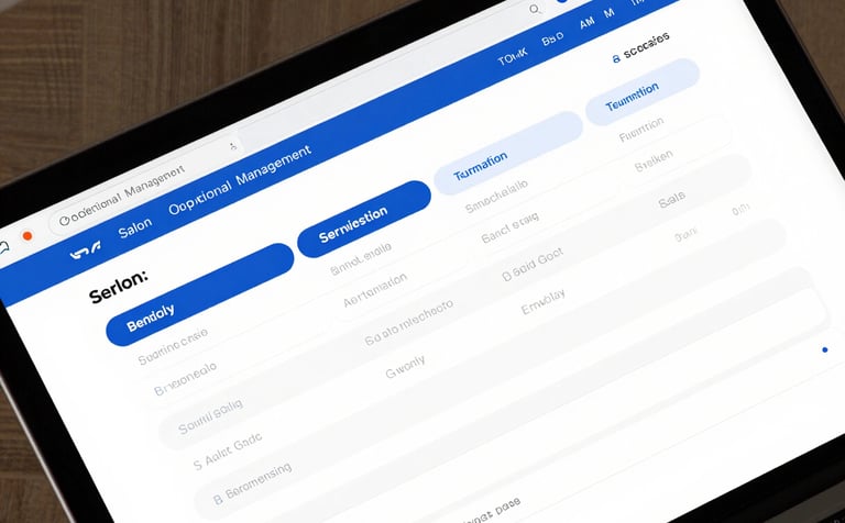 Angled close-up browser mockup of a salon and operational management software, displaying clean service schedules and sales commissions, sharp UI elements, royal blue accents.