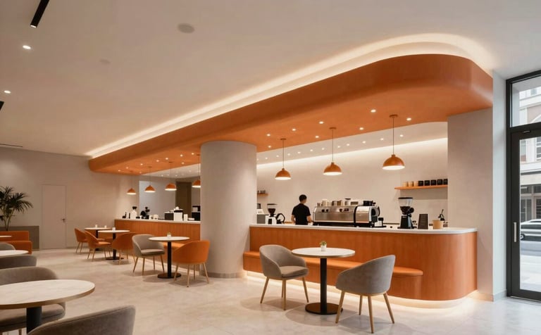 Wide-angle architectural shot of a modern, premium coffee shop interior in a Turkish / Anatolian city. High ceilings, minimalist furniture, clean lines, and orange accents, conveying a high-end business atmosphere.