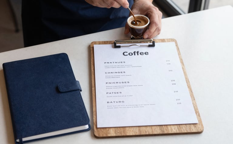 Minimalist photography of a premium coffee menu on a clean wooden clipboard next to a professional barista's notebook. Soft morning light, Turkish / Anatolian coffee shop setting, modern and organized mood with navy and white tones.