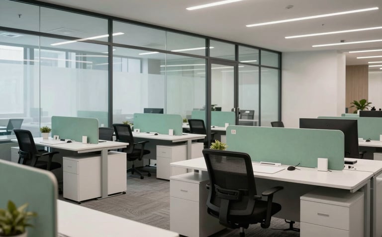 A sleek, professional office space in Portugal with clean glass partitions and organized workstations. The lighting is bright and reassuring, showcasing a perfectly sanitized corporate environment. Colors of sage green and mint green are reflected in the modern decor, emphasizing efficient service.