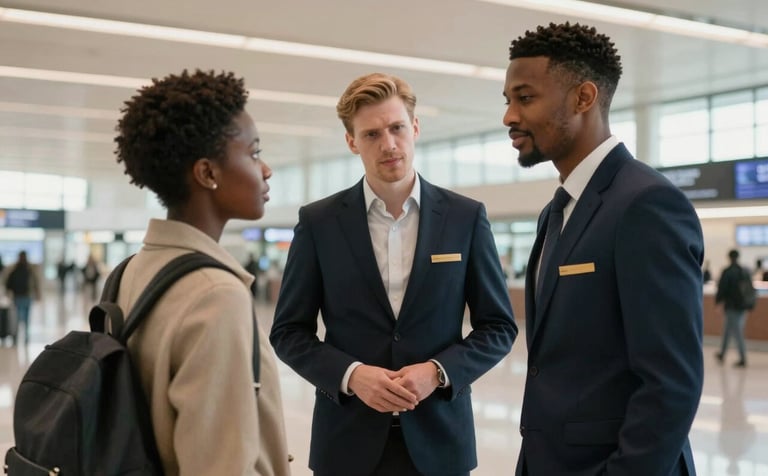 A warm, high-end photograph of a professional concierge meeting an African student in a modern UK airport terminal. The student is dressed in smart-casual attire. The background shows blurred airport architecture with soft off-white and dark navy tones.