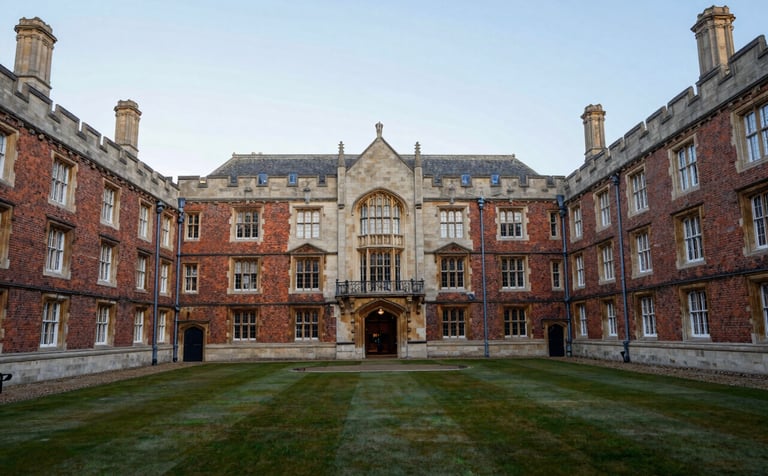 A wide-angle professional photograph of a historic UK university courtyard with traditional red-brick or limestone architecture under a soft, bright sky. The scene is peaceful and prestigious, incorporating the colors of soft off-white and dark navy in the shadows and stone details.