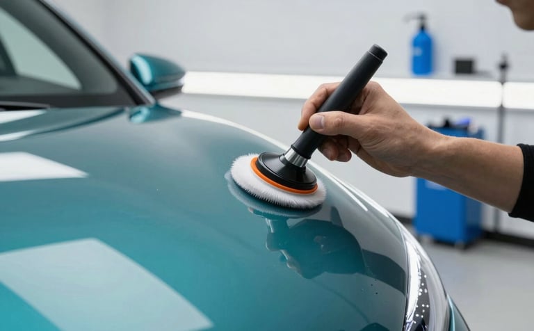 A close-up shot of a high-end luxury vehicle being meticulously hand-polished in a modern, bright North American / Canadian auto detailing studio. The lighting is crisp, highlighting the sleek curves of the car. Accents of deep teal and soft blue appear in the professional cleaning equipment in the background.