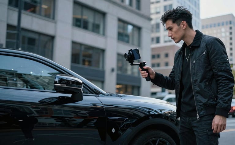A professional influencer in a stylish North American / Canadian city setting, holding a gimbal and smartphone to film a high-gloss black sports car. The scene is dynamic and professional, with the cool blue-gray tones of the urban architecture reflecting in the car's surface.