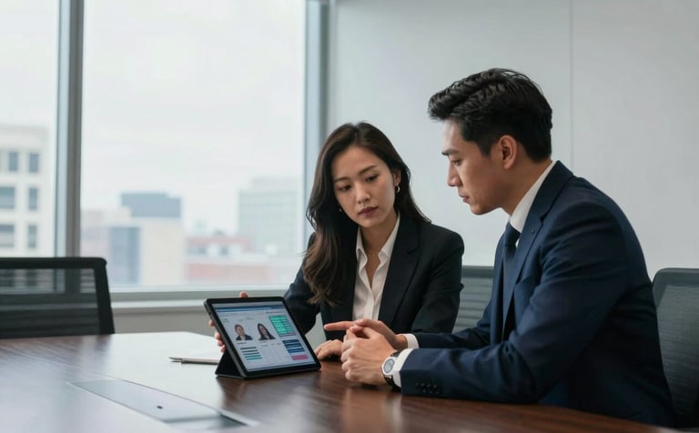 A collaborative meeting in a sleek Calgary boardroom with floor-to-ceiling windows. Two professionals in a North American / Canadian office environment are reviewing a tablet showing video engagement metrics. The mood is sophisticated, with dark navy furniture and pale mist walls.