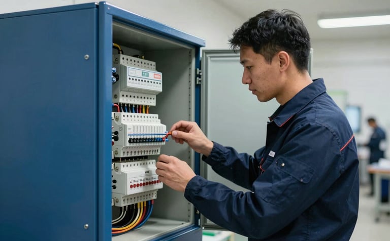 A professional electrical engineer in a modern Turkish / Anatolian industrial setting, meticulously assembling an electrical compensation panel. The environment is clean and professional, featuring a palette of midnight blue and steel blue equipment. Lighting is sharp and clear.