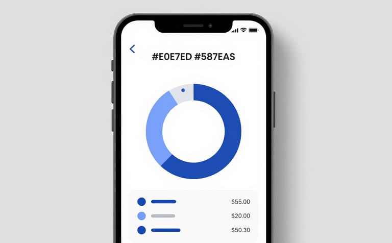 A minimalist and clean mobile app interface showing a simple, intuitive expense tracking pie chart. The design uses a palette of #E0E7ED and #587EA3. Soft, professional studio lighting emphasizes clarity and effortless efficiency, perfectly reflecting a secure financial tool.