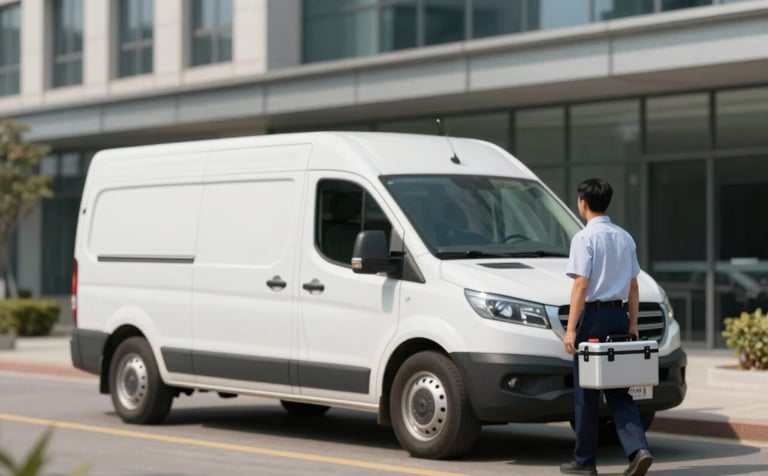 A clean, modern, white professional vehicle with subtle branding parked in front of a corporate office building. A technician in professional attire carries a secure medical case. High noon lighting.