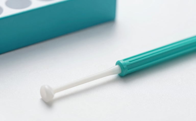 Close-up of a sterile DNA collection kit and buccal swabs on a clean white surface with teal (#376E78) accents. The atmosphere is clinical, precise, and highly professional.