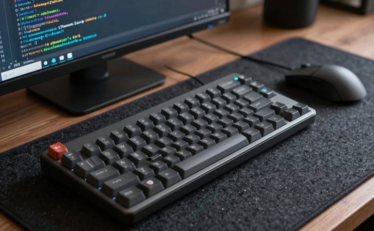 A close-up of a high-end mechanical keyboard and a mouse on a dark felt desk mat. In the background, a blurred monitor shows a complex JavaScript file. The mood is sophisticated and technical, reflecting a British tech hub atmosphere. Palette is Charcoal and Dark Navy.