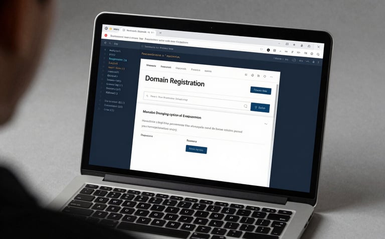 An over-the-shoulder perspective (shoulders out of frame) focusing on a high-resolution laptop screen displaying a domain registration interface and backend terminal code. The setting is a professional Northern European studio. Colors are predominantly Cool Grey and Dark Navy.