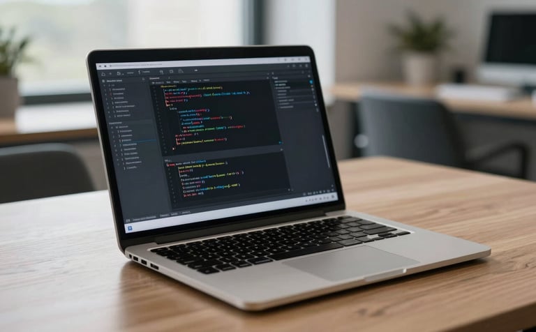 A silver laptop on a clean wooden desk in a modern Northamptonshire office setting. The screen shows a professional code editor with lines of clean HTML and CSS. The lighting is soft and natural from a nearby window. No people are visible. The palette includes Charcoal and Cool Grey tones.