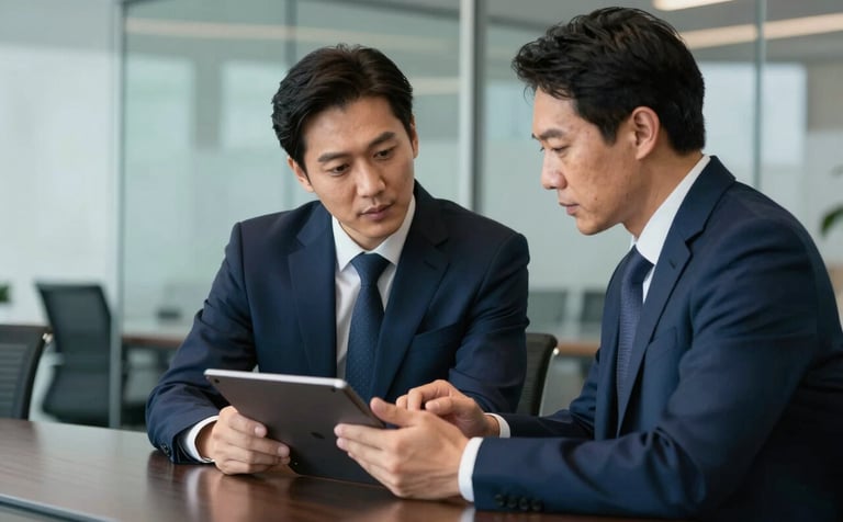 A high-end professional consultation taking place in a glass-walled conference room. Two professionals in sharp attire are reviewing digital strategy on a tablet. The palette is dominated by professional navy blue and deep midnight blue tones.