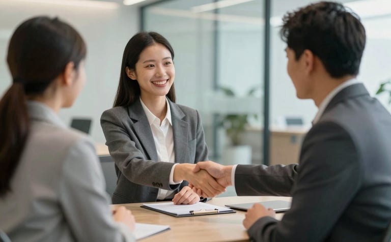 A professional job interview taking place in a modern, bright office with glass walls. A smiling recruiter and a confident candidate are shaking hands across a polished desk. The lighting is warm and inviting, featuring corporate attire in #0B1A2A and soft accents of #476C8C in the background decor.