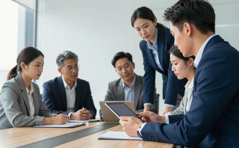 A diverse group of corporate professionals collaborating around a large table in a sunlit meeting room. They are looking at a tablet and discussing strategy. The scene exudes efficiency and teamwork, with branding colors #0B1A2A and #476C8C reflected in the office furniture and professional clothing.