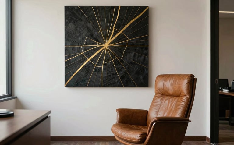 A serene, modern psychological office in Mexico with minimalist decor, a comfortable leather chair, and a kintsugi-inspired art piece on the wall with golden veins, soft natural light, professional and healing atmosphere.