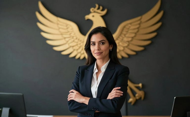 A sophisticated Latin American professional woman in a modern office setting, deep warm lighting, subtle golden Phoenix silhouette on a dark textured background, concept of personal growth and transformation.