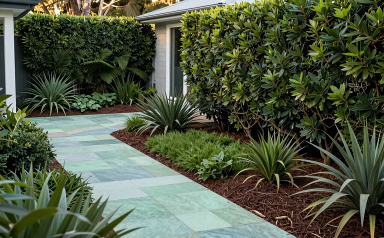 A stunning, completed garden makeover in a Oceanic / Australian (Victoria) coastal home. Features elegant forest green hedges, fresh mulch, and clean stone paths in soft mint tones. The composition is wide and inviting.