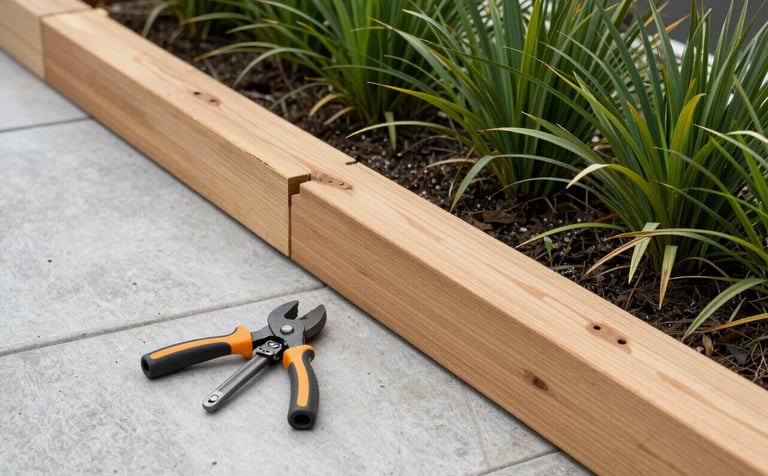A construction scene of timber sleepers being used for garden edging in a Oceanic / Australian (Victoria) suburban backyard. Professional tools are visible next to a forest green plant bed. The aesthetic is clean, modern, and sturdy.