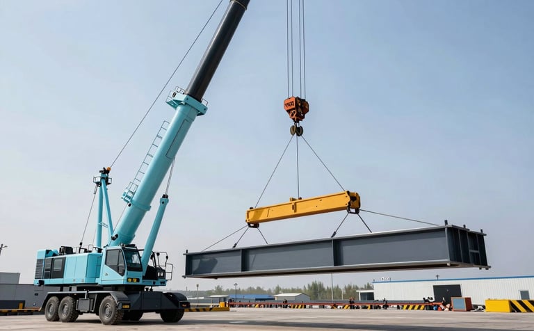 A modern mobile crane lifting a structural beam at an Eastern European / Russian factory site. The scene is clean and professional, featuring a palette of Light Azure and Dark Slate Grey. Dramatic composition showing the height and precision of the machinery.