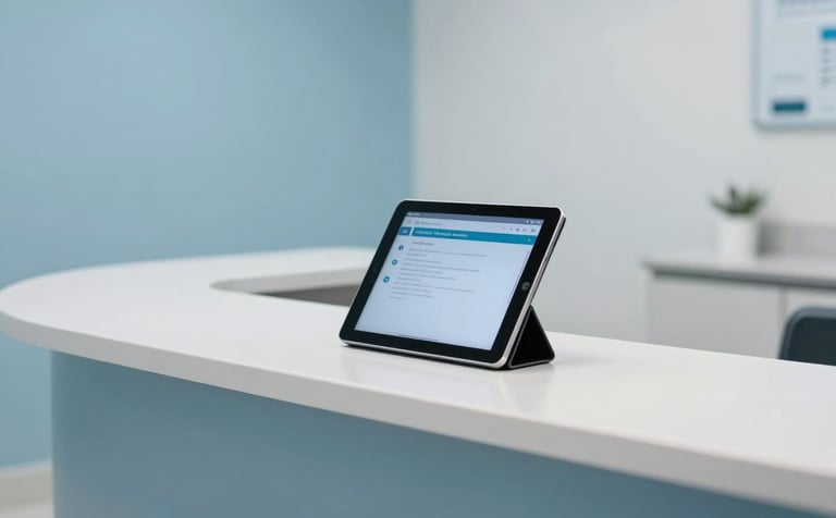 A clean, minimalist North American medical clinic reception area featuring a digital tablet on a sleek counter, soft natural lighting, with a professional and innovative atmosphere using sky blue and white tones.