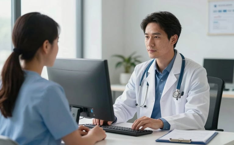 A professional North American healthcare provider in a bright, modern office conducting a telemedicine consultation using a high-definition monitor, soft steel blue and white interior design.