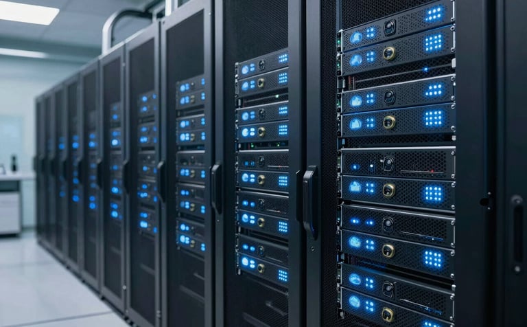 A high-tech North American medical data center environment, showing sophisticated server arrays with subtle ice blue glowing lights, representing secure cloud innovation.